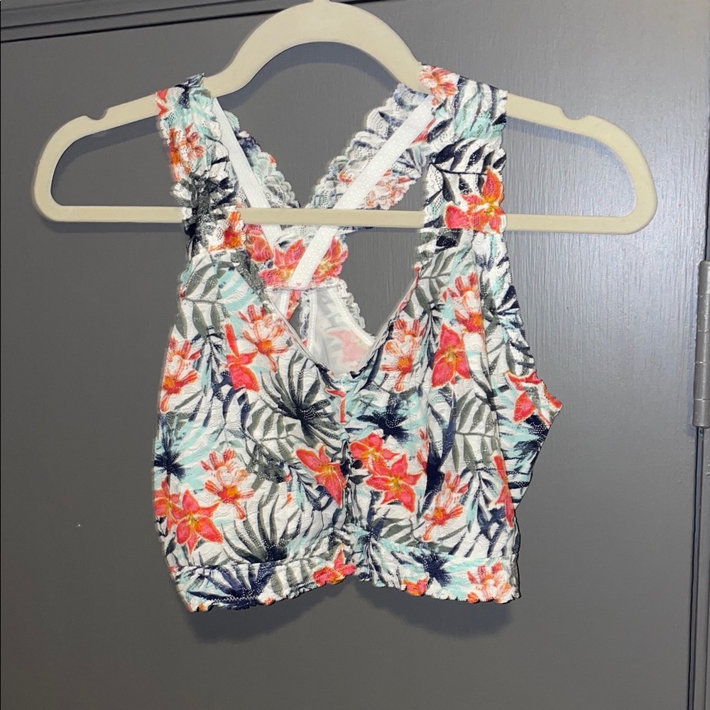 Cacique White Floral Crop Camisole with Coral & Navy Accents
